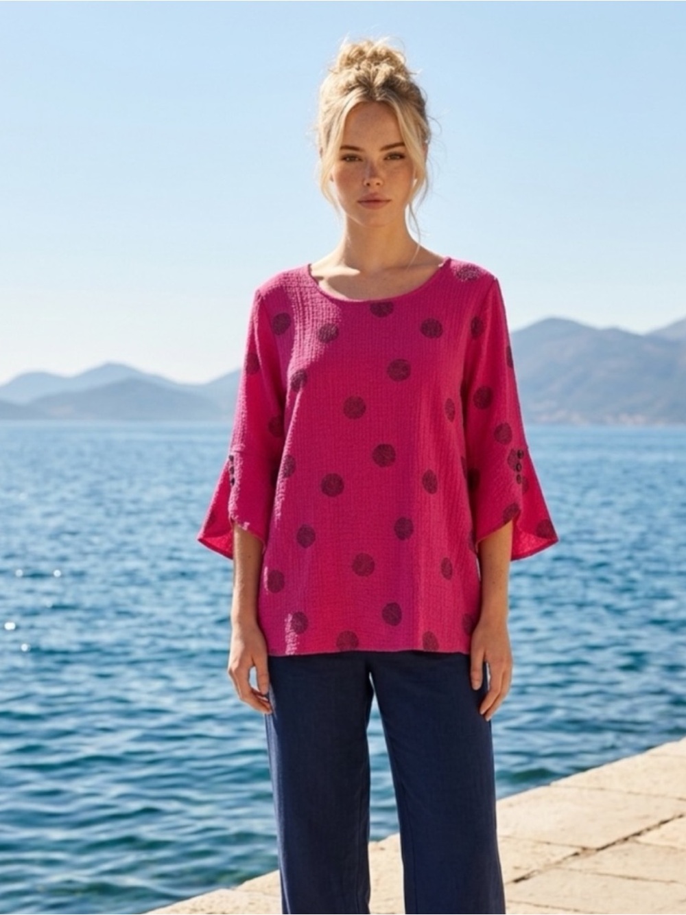 ALI MILES Tunic Blouse Polka Dots Artsy Coastal Boho 3/4 Sleeves Button Accents